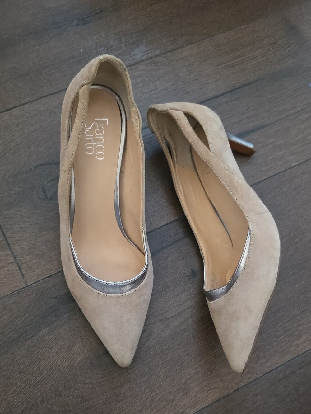 Franco Sarto Taupe Suede Pointed-Toe Pumps with Metallic Trim
